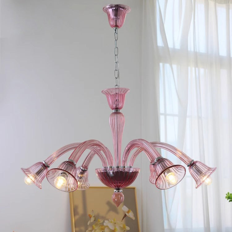 French Glass Iron Trumpet Branch Chandelier