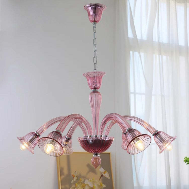 French Glass Iron Trumpet Branch Chandelier