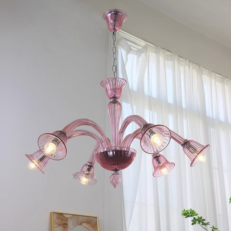 French Glass Iron Trumpet Branch Chandelier