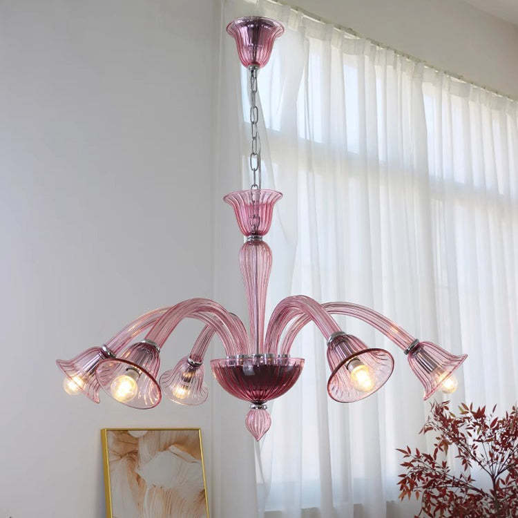French Glass Iron Trumpet Branch Chandelier