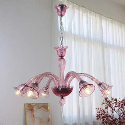 French Glass Iron Trumpet Branch Chandelier