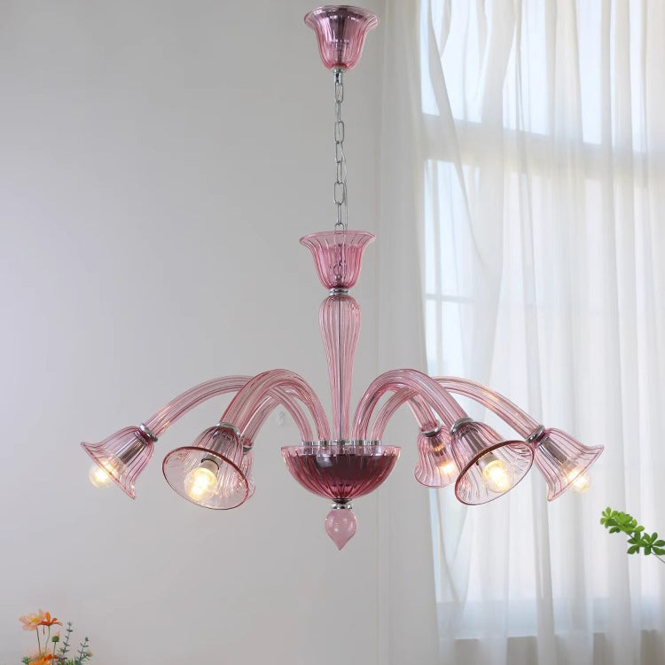 French Glass Iron Trumpet Branch Chandelier