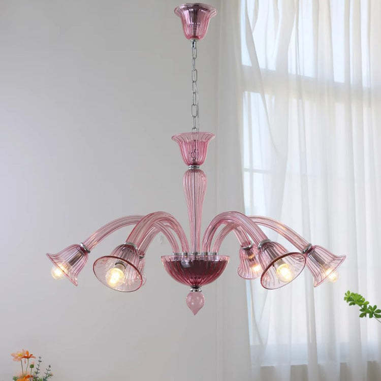 French Glass Iron Trumpet Branch Chandelier