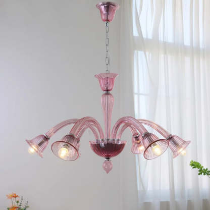 French Glass Iron Trumpet Branch Chandelier
