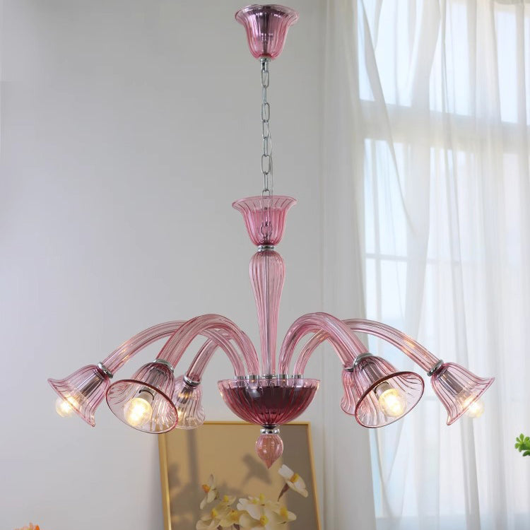 French Glass Iron Trumpet Branch Chandelier