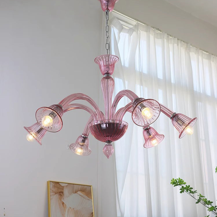 French Glass Iron Trumpet Branch Chandelier