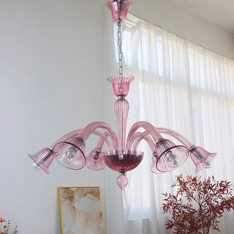 French Glass Iron Trumpet Branch Chandelier