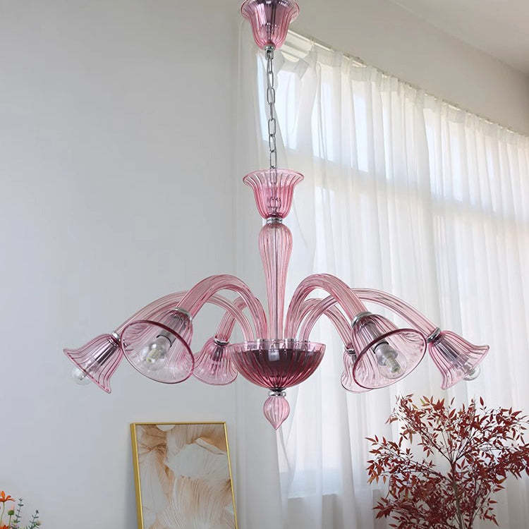 French Glass Iron Trumpet Branch Chandelier
