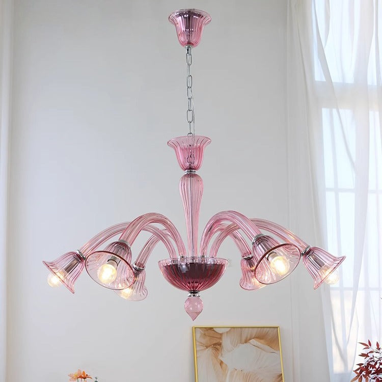 French Glass Iron Trumpet Branch Chandelier