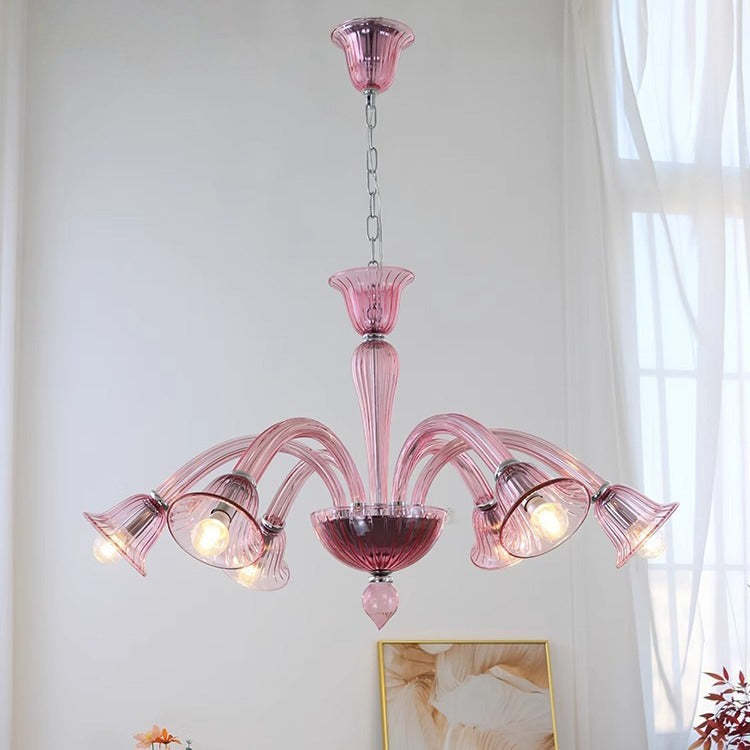 French Glass Iron Trumpet Branch Chandelier
