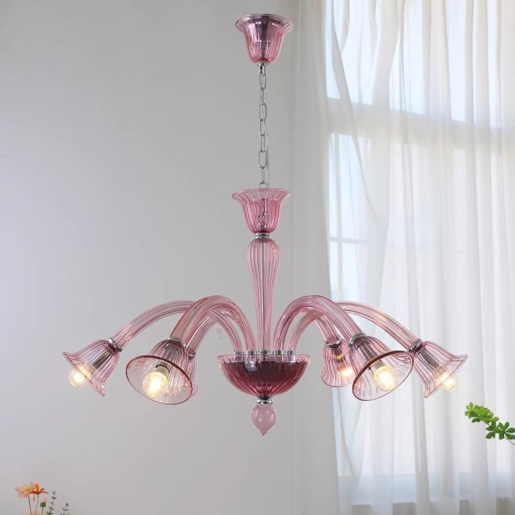 French Glass Iron Trumpet Branch Chandelier