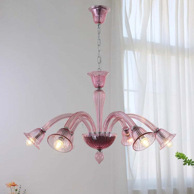 French Glass Iron Trumpet Branch Chandelier