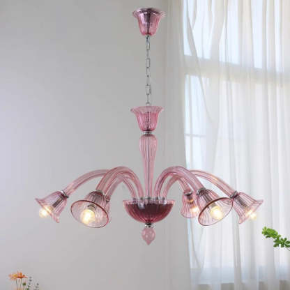 French Glass Iron Trumpet Branch Chandelier