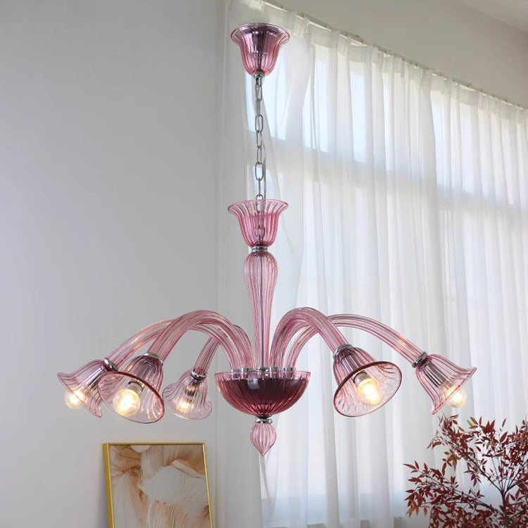 French Glass Iron Trumpet Branch Chandelier