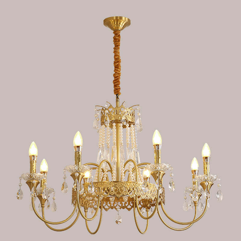 French Brass Crystal Candle Branch Chandelier