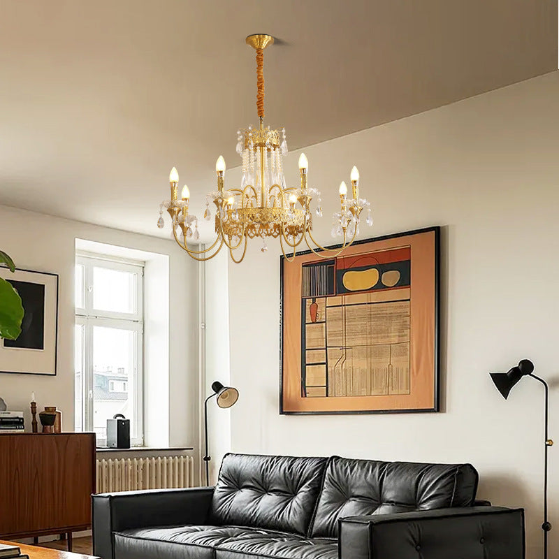 French Brass Crystal Candle Branch Chandelier
