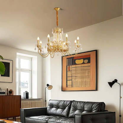French Brass Crystal Candle Branch Chandelier