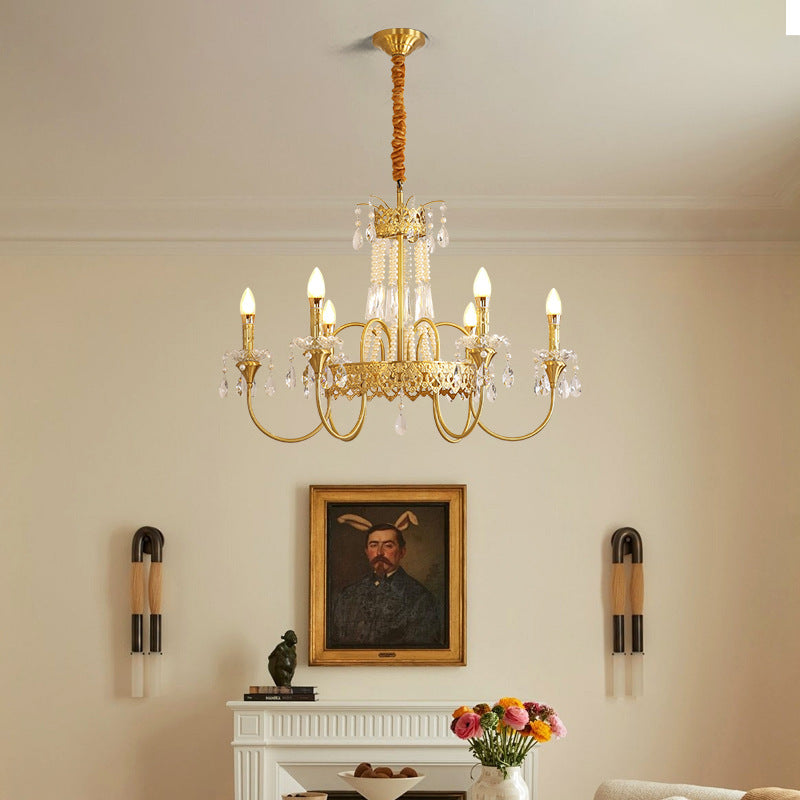 French Brass Crystal Candle Branch Chandelier