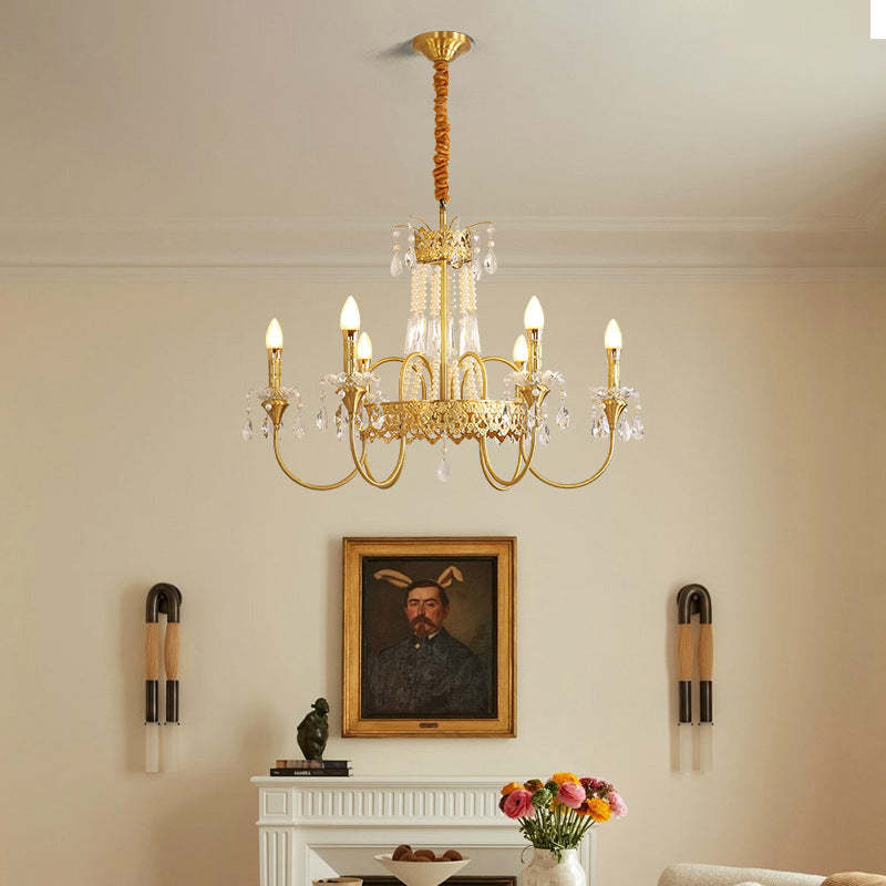 French Brass Crystal Candle Branch Chandelier