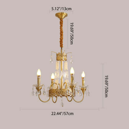 French Brass Crystal Candle Branch Chandelier — 6 / 220V-240V For UK/AU