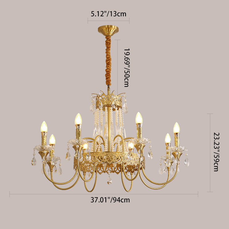 French Brass Crystal Candle Branch Chandelier — 8 / 220V-240V For UK/AU