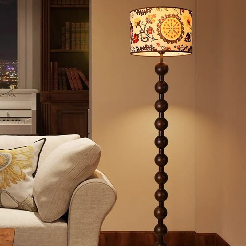 Vintage Wood Fabric Round Floor Lamp