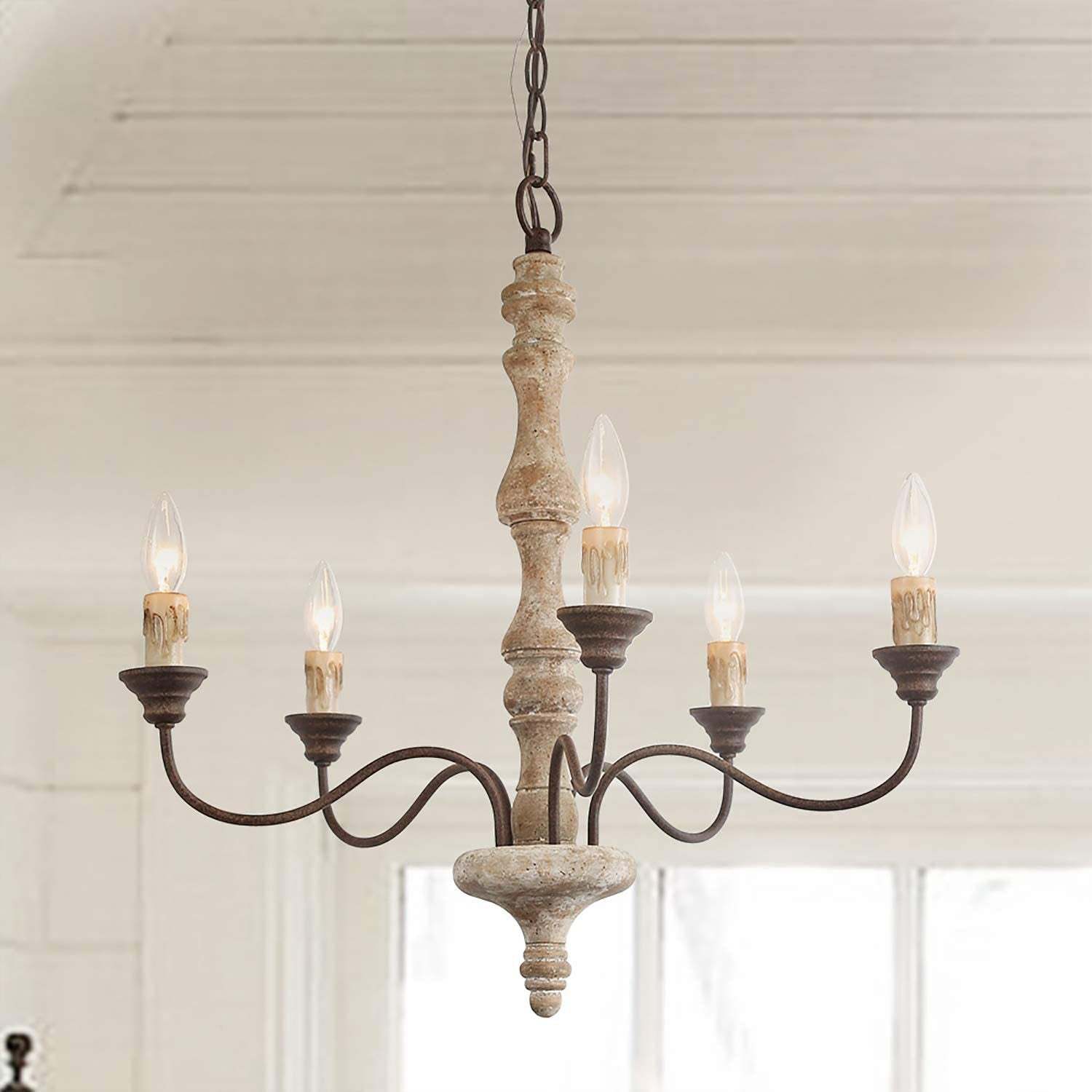 Traditional Farmhouse Wood Iron Curved Branch Chandelier