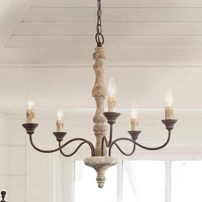 Traditional Farmhouse Wood Iron Curved Branch Chandelier — 220V-240V For UK/AU