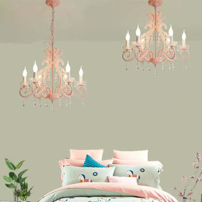 Farmhouse Crystal Iron Branch Bow Candle 6-Light Chandelier — 220V-240V For UK/AU