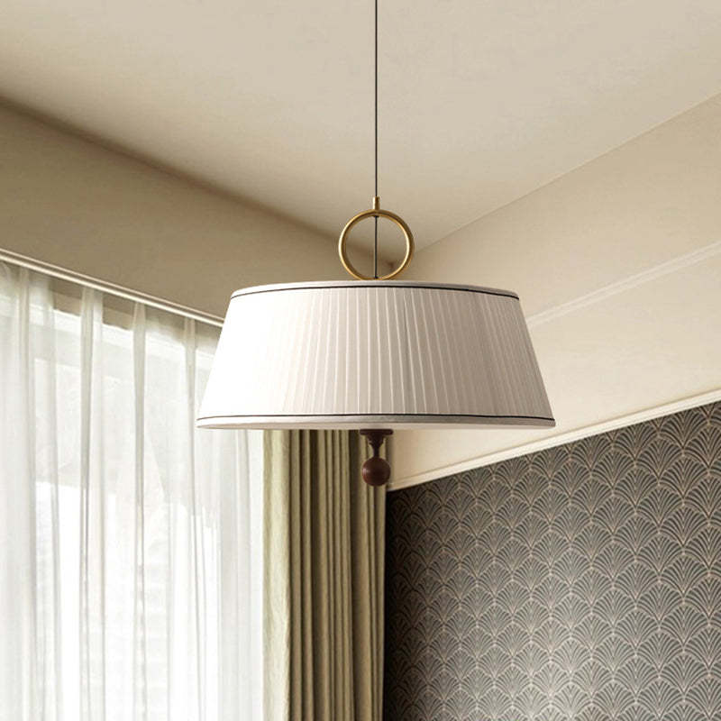 Vintage Fabric Wood Metal Pleated Round Chandelier