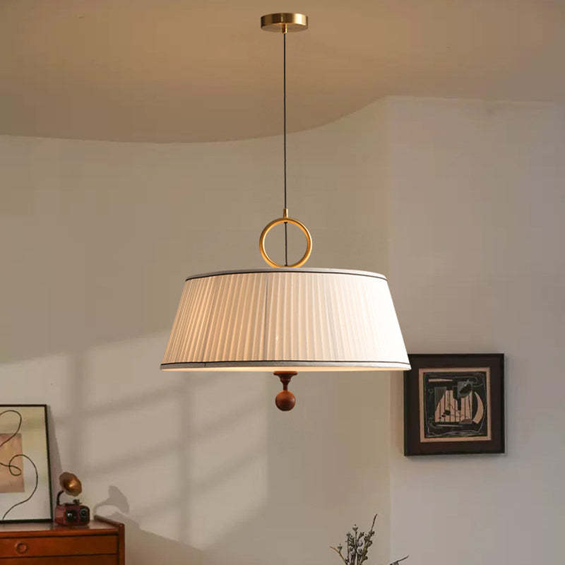 Vintage Fabric Wood Metal Pleated Round Chandelier