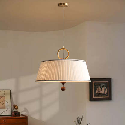Vintage Fabric Wood Metal Pleated Round Chandelier — 110V-120V For US/CA