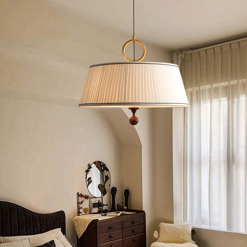 Vintage Fabric Wood Metal Pleated Round Chandelier