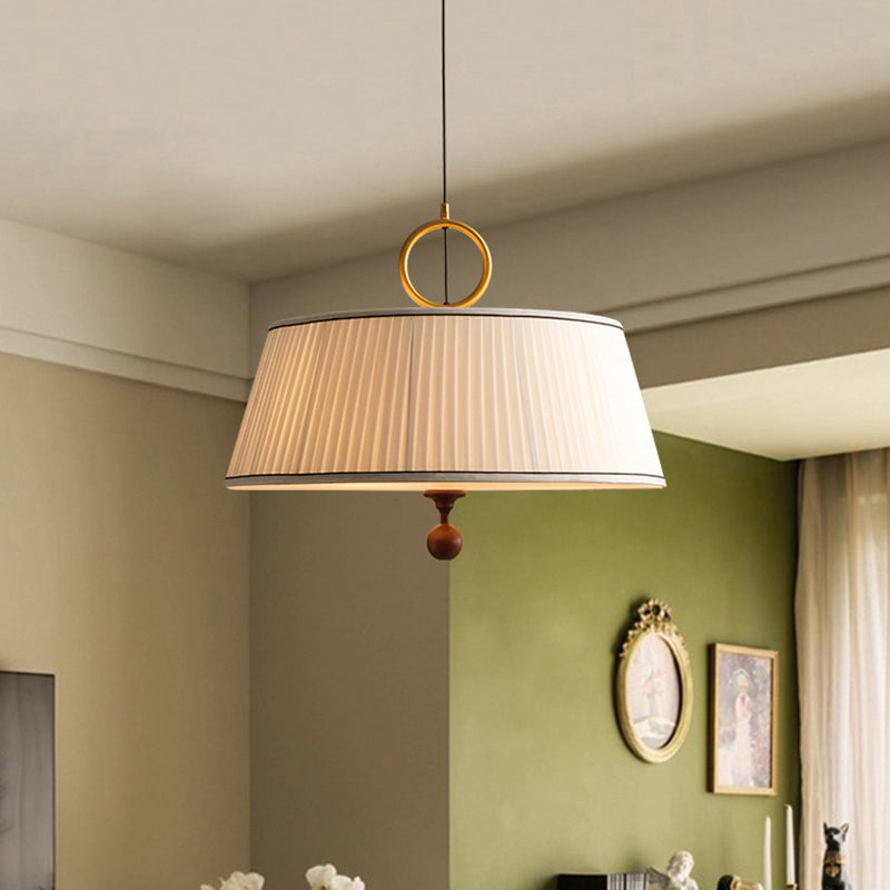 Vintage Fabric Wood Metal Pleated Round Chandelier