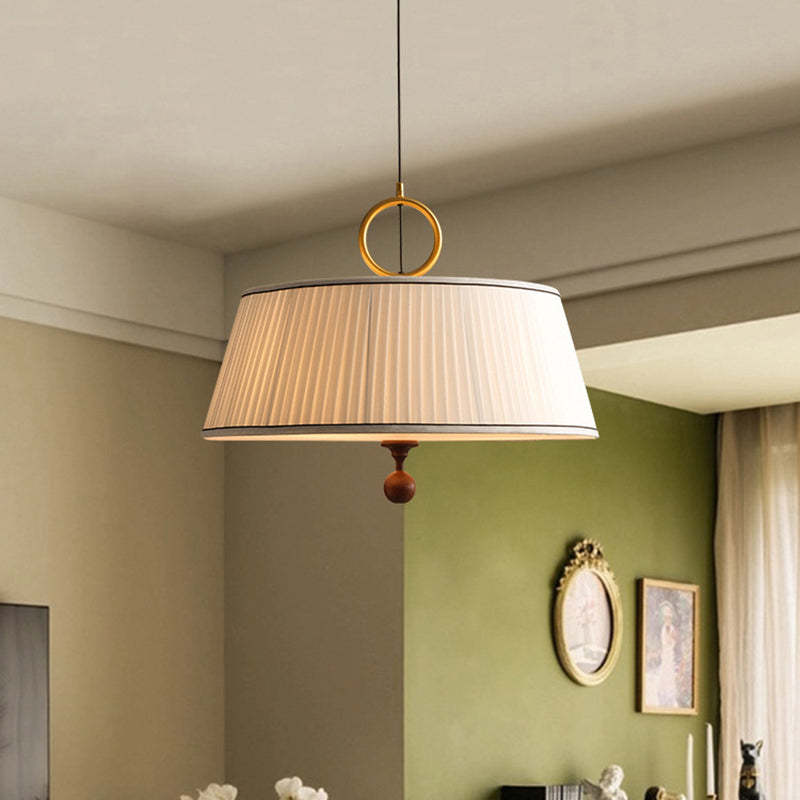 Vintage Fabric Wood Metal Pleated Round Chandelier