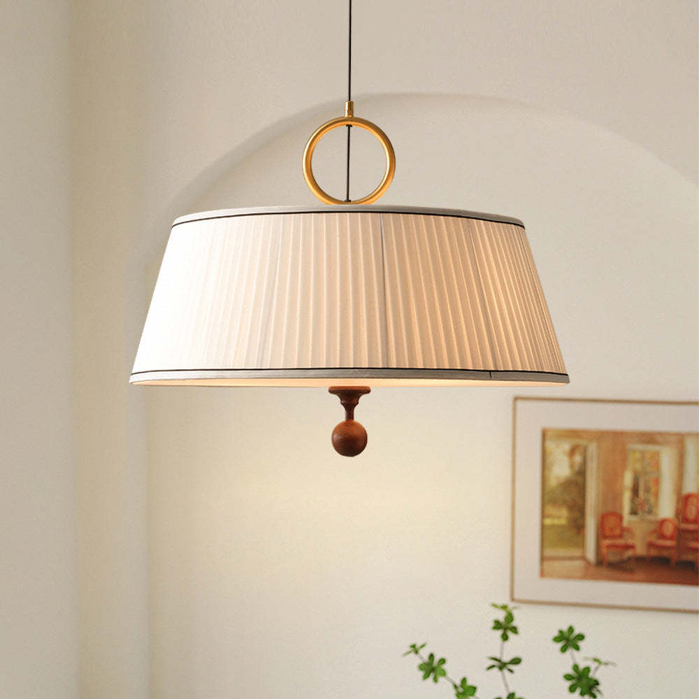 Vintage Fabric Wood Metal Pleated Round Chandelier