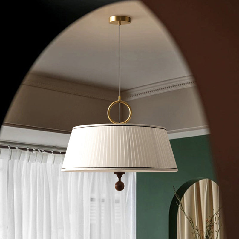 Vintage Fabric Wood Metal Pleated Round Chandelier