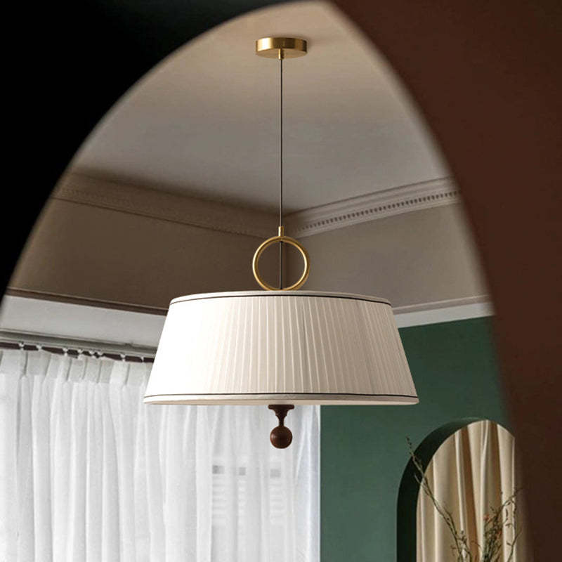 Vintage Fabric Wood Metal Pleated Round Chandelier