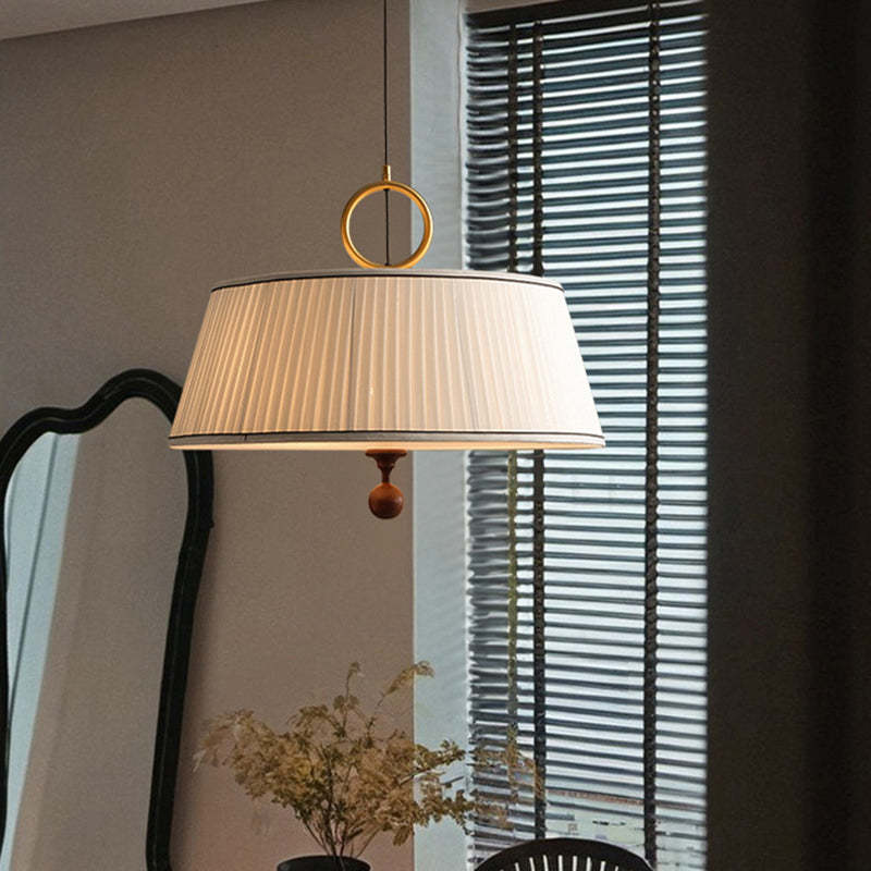 Vintage Fabric Wood Metal Pleated Round Chandelier