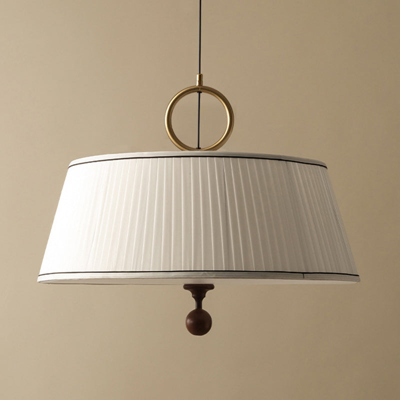 Vintage Fabric Wood Metal Pleated Round Chandelier