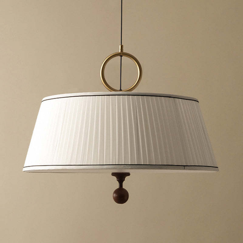 Vintage Fabric Wood Metal Pleated Round Chandelier