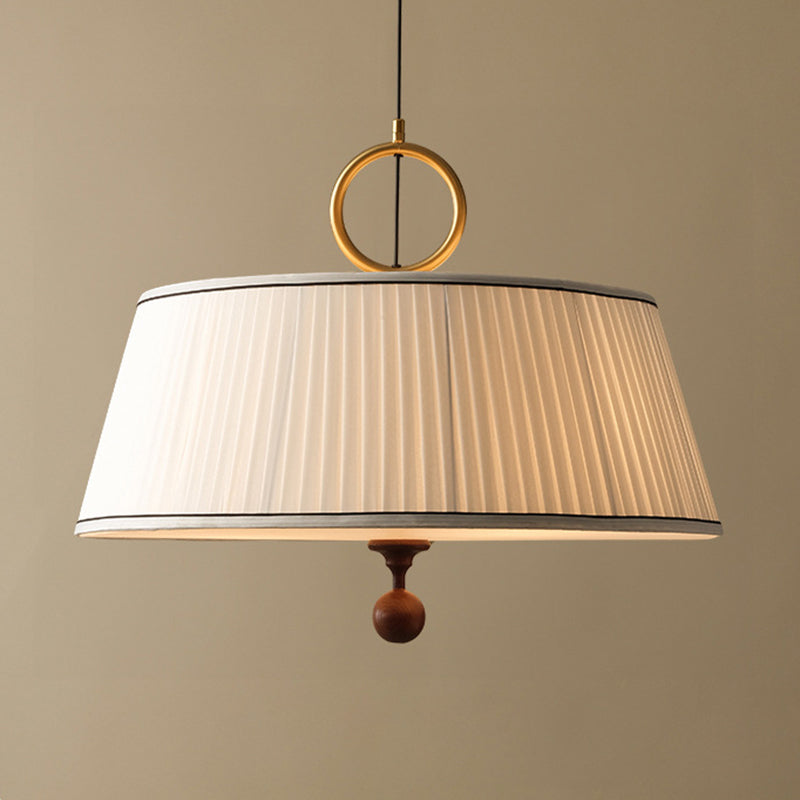 Vintage Fabric Wood Metal Pleated Round Chandelier
