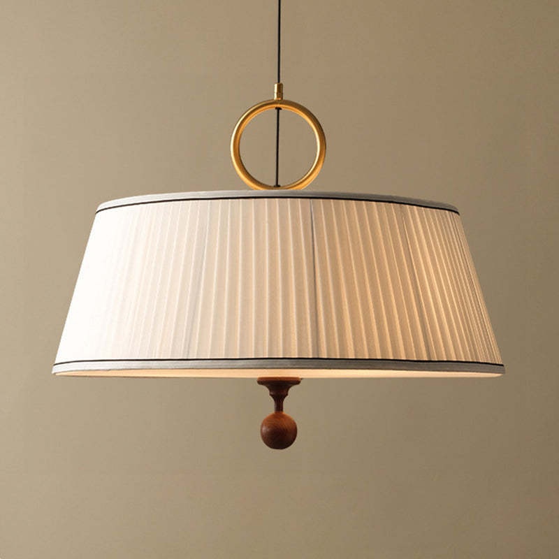 Vintage Fabric Wood Metal Pleated Round Chandelier