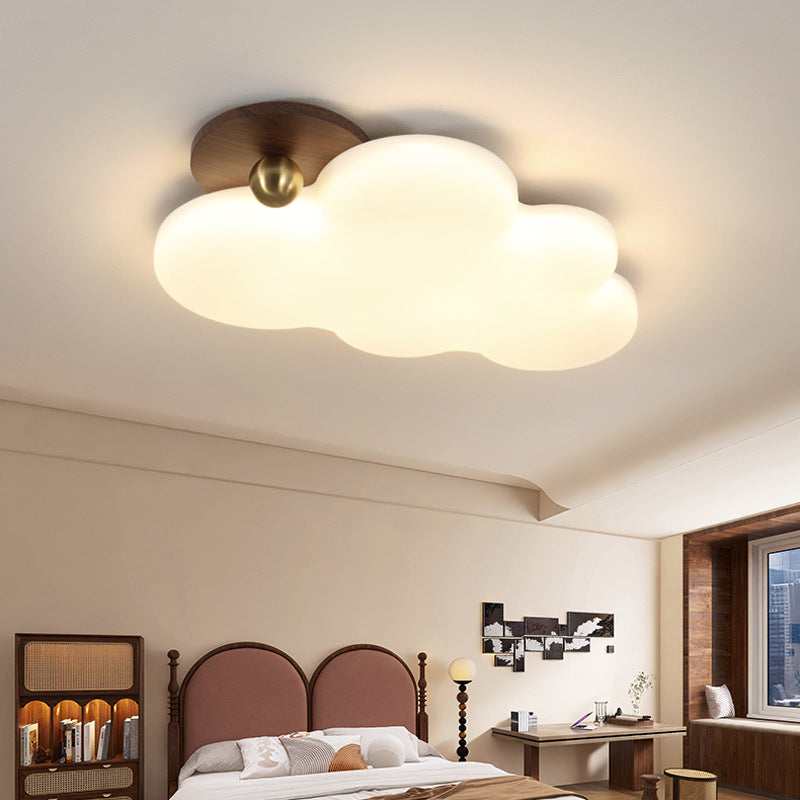 Vintage Wood Cream Cloud Curved LED Flush Ceiling Light