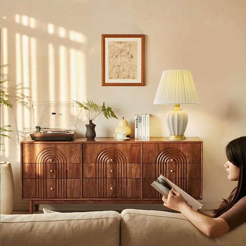 Chinese Fabric Ceramic Copper Pleated Fan Lamp