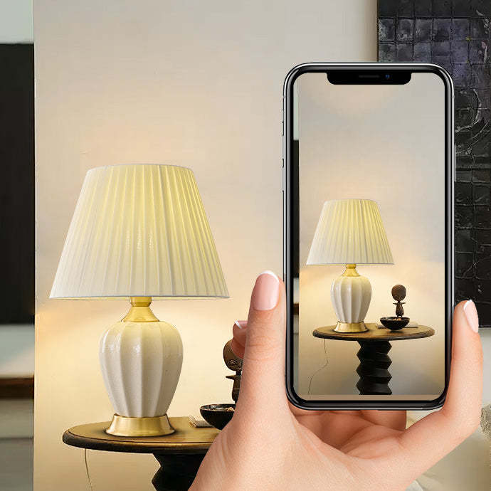 Chinese Fabric Ceramic Copper Pleated Fan Lamp