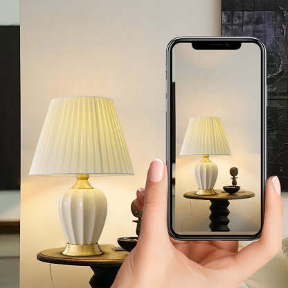 Chinese Fabric Ceramic Copper Pleated Fan Lamp