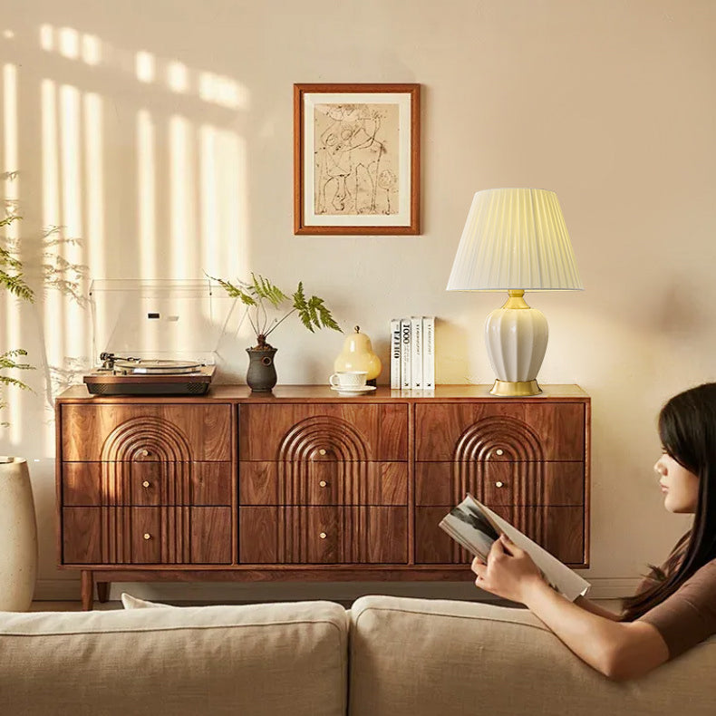 Chinese Fabric Ceramic Copper Pleated Fan Lamp