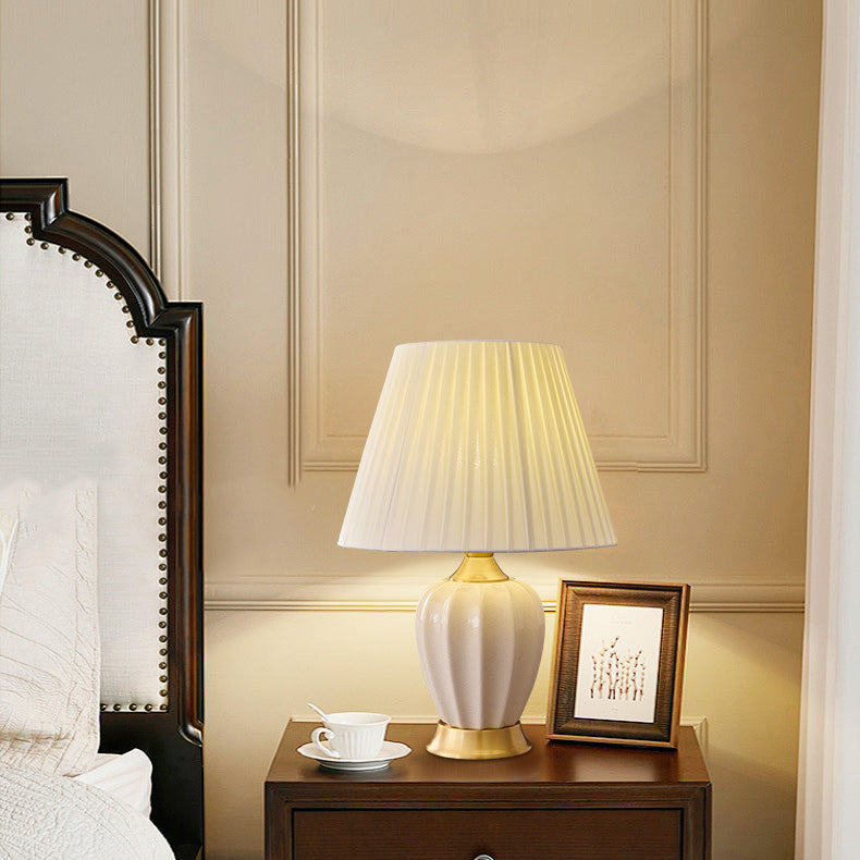 Chinese Fabric Ceramic Copper Pleated Fan Lamp