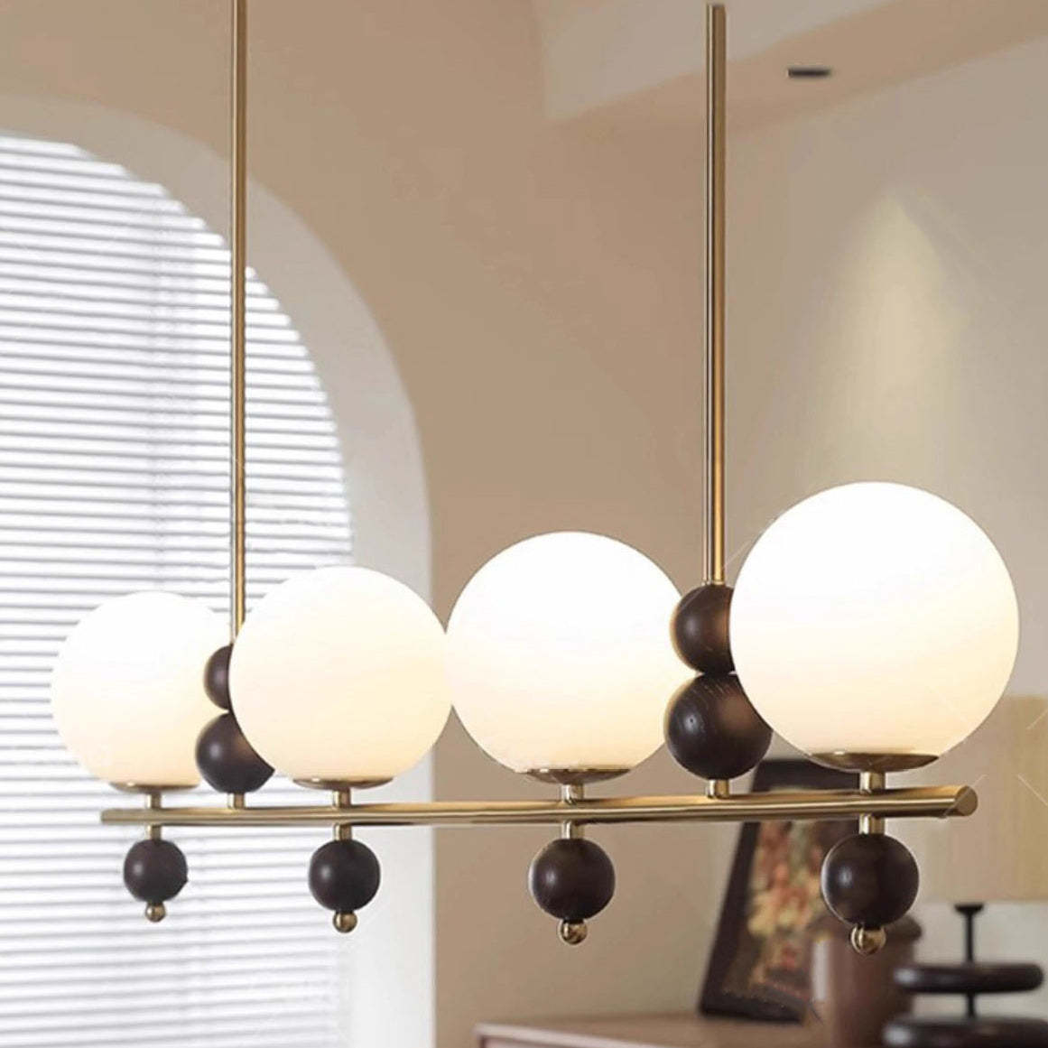 Chinese Glass Wood Iron Linear Island Chandelier